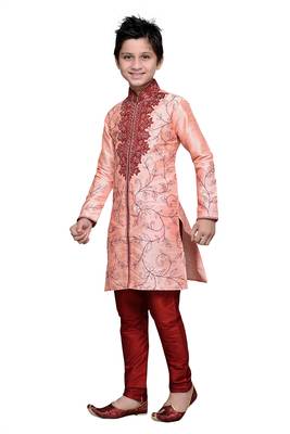 Pink Art Silk Kids Kurta Pyjama For Boys 1