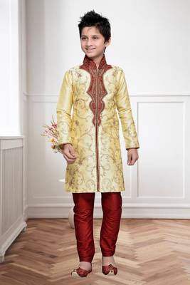 Gold Art Silk Kids Kurta Pyjama For Boys 2