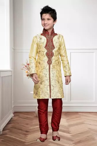 Gold Art Silk Kids Kurta Pyjama For Boys