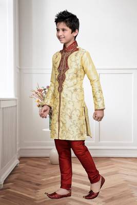 Gold Art Silk Kids Kurta Pyjama For Boys 1