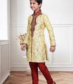 Gold Art Silk Kids Kurta Pyjama For Boys