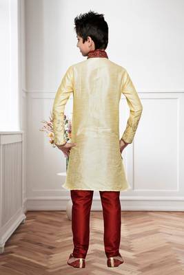 Gold Art Silk Kids Kurta Pyjama For Boys 3