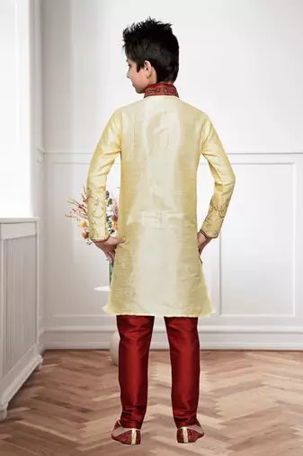 Gold Art Silk Kids Kurta Pyjama For Boys