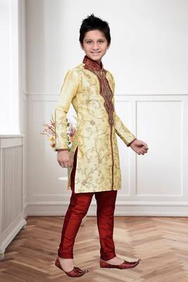 Gold Art Silk Kids Kurta Pyjama For Boys 4