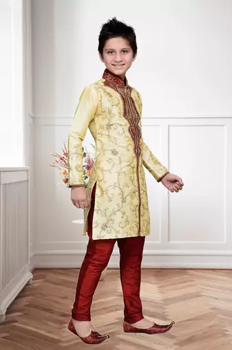 Gold Art Silk Kids Kurta Pyjama For Boys