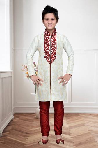 Cream Art Silk Kids Kurta Pyjama For Boys