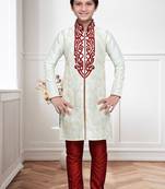 Cream Art Silk Kids Kurta Pyjama For Boys