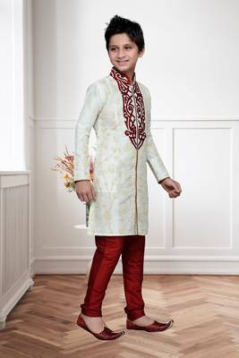 Cream Art Silk Kids Kurta Pyjama For Boys 2