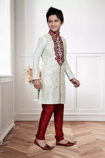 Cream Art Silk Kids Kurta Pyjama For Boys