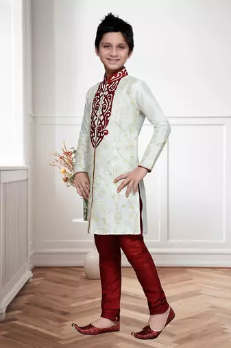 Cream Art Silk Kids Kurta Pyjama For Boys