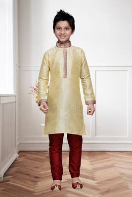 Gold Art Silk Kids Kurta Pyjama For Boys 2