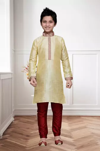 Gold Art Silk Kids Kurta Pyjama For Boys