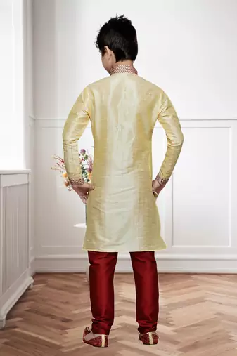Gold Art Silk Kids Kurta Pyjama For Boys