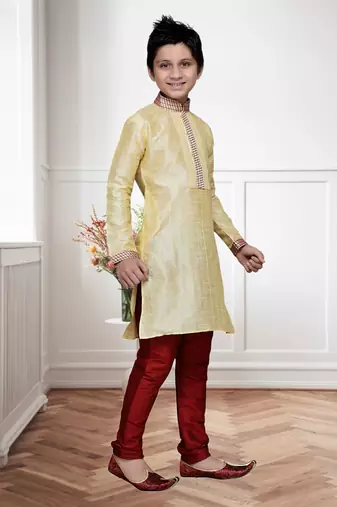 Gold Art Silk Kids Kurta Pyjama For Boys