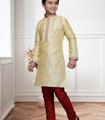Gold Art Silk Kids Kurta Pyjama For Boys