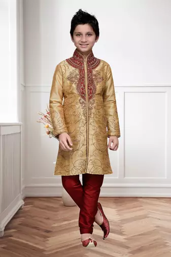 Chikoo Art Silk Kids Kurta Pyjama For Boys