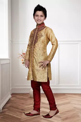 Chikoo Art Silk Kids Kurta Pyjama For Boys