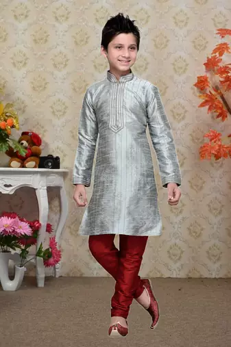 Grey Art Silk Kids Kurta Pyjama For Boys