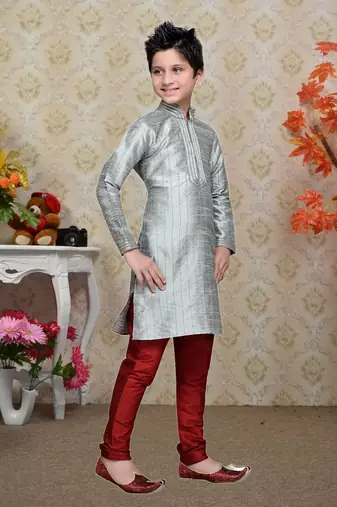 Grey Art Silk Kids Kurta Pyjama For Boys