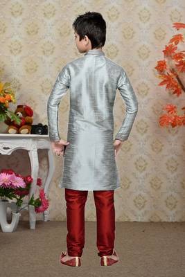 Grey Art Silk Kids Kurta Pyjama For Boys 4