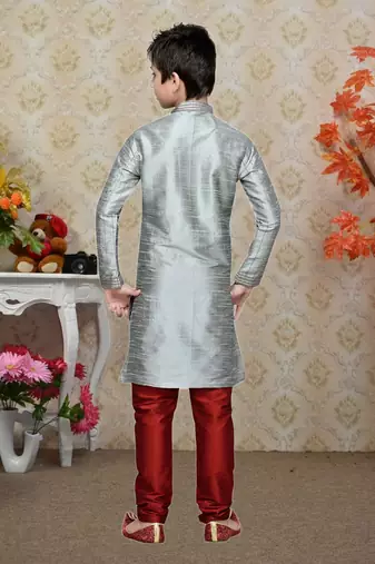Grey Art Silk Kids Kurta Pyjama For Boys