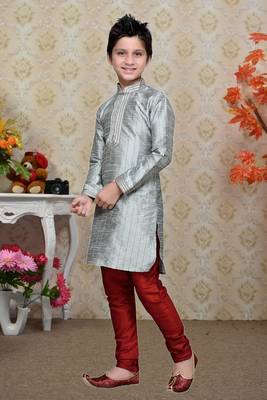 Grey Art Silk Kids Kurta Pyjama For Boys 1