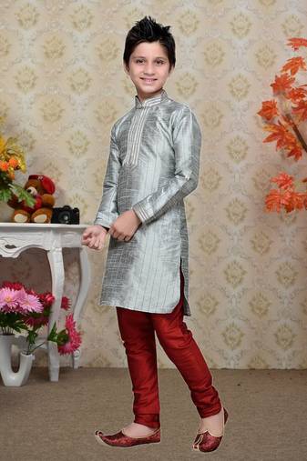 Grey Art Silk Kids Kurta Pyjama For Boys