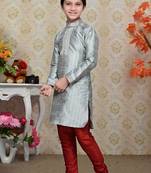 Grey Art Silk Kids Kurta Pyjama For Boys