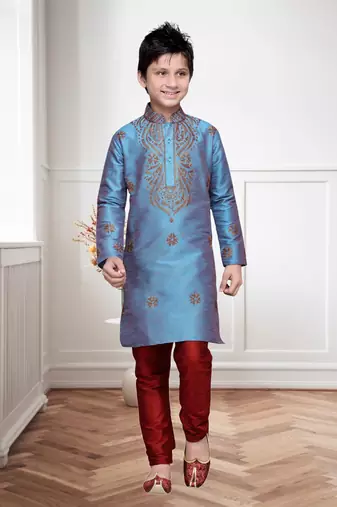 Rama Green Art Silk Kids Kurta Pyjama For Boys