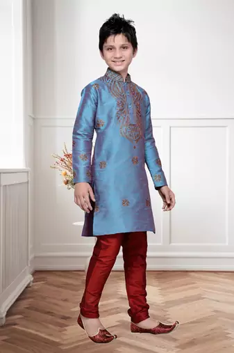 Rama Green Art Silk Kids Kurta Pyjama For Boys