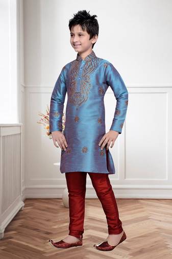 Rama Green Art Silk Kids Kurta Pyjama For Boys