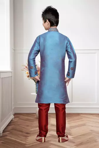 Rama Green Art Silk Kids Kurta Pyjama For Boys