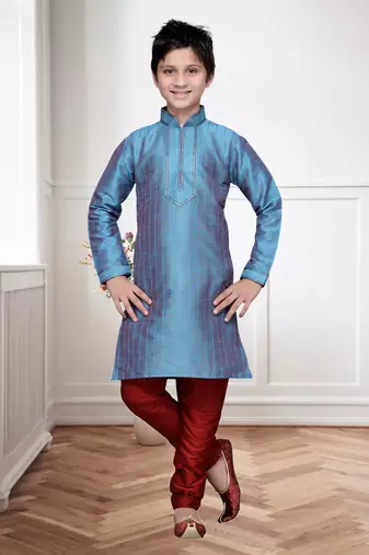 Rama Green Art Silk Kids Kurta Pyjama For Boys