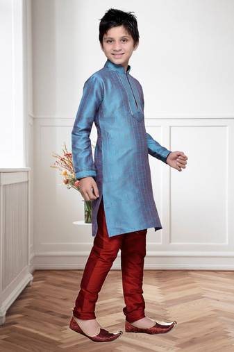 Rama Green Art Silk Kids Kurta Pyjama For Boys