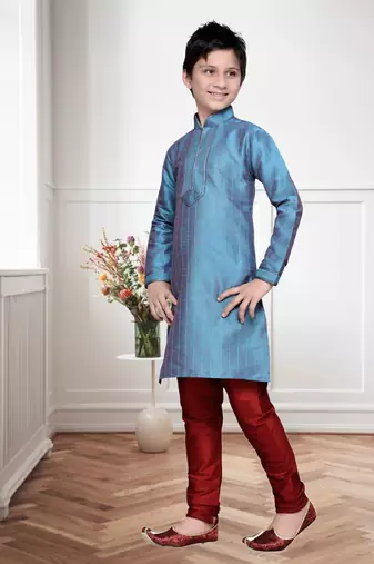 Rama Green Art Silk Kids Kurta Pyjama For Boys