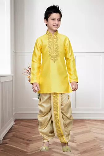 Yellow Art Silk Kids Kurta Pyjama For Boys