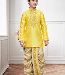 Yellow Art Silk Kids Kurta Pyjama For Boys