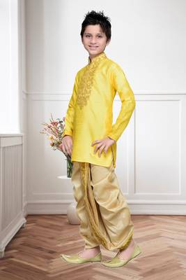 Yellow Art Silk Kids Kurta Pyjama For Boys 3
