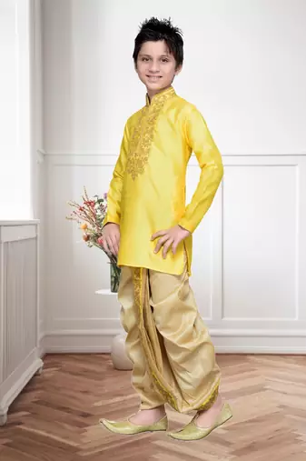 Yellow Art Silk Kids Kurta Pyjama For Boys