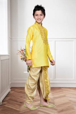 Yellow Art Silk Kids Kurta Pyjama For Boys 1