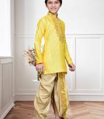 Yellow Art Silk Kids Kurta Pyjama For Boys