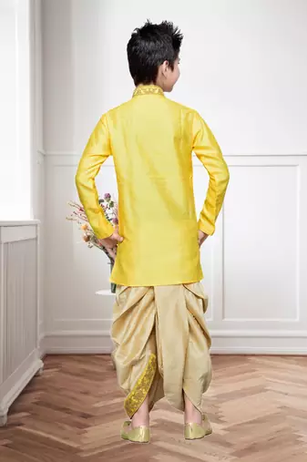 Yellow Art Silk Kids Kurta Pyjama For Boys