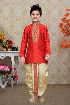 Maroon Art Silk Kids Kurta Dhoti For Boys 1
