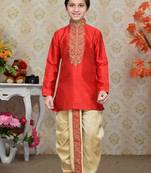 Maroon Art Silk Kids Kurta Dhoti For Boys