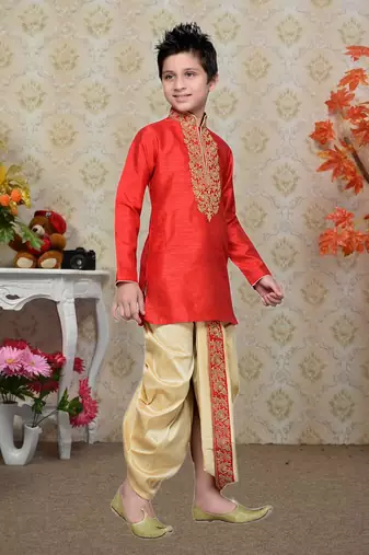 Maroon Art Silk Kids Kurta Dhoti For Boys