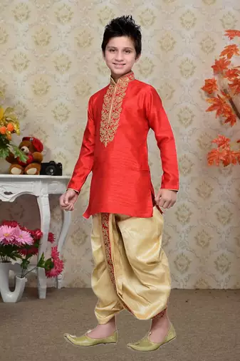 Maroon Art Silk Kids Kurta Dhoti For Boys