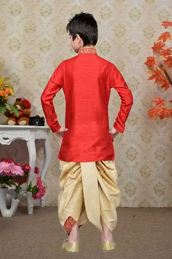 Maroon Art Silk Kids Kurta Dhoti For Boys