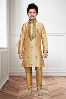 Chikoo Art Silk Kids Kurta Pyjama For Boys 1
