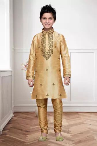 Chikoo Art Silk Kids Kurta Pyjama For Boys