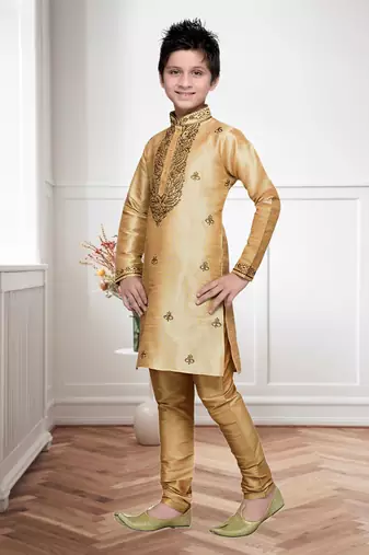 Chikoo Art Silk Kids Kurta Pyjama For Boys